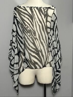VTG Chico’s Silk Black White OS Sheer Black & White Zebra Print Cape Poncho Top